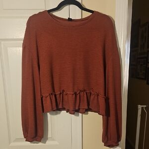 SHEIN Rust Waffle-Knit Ruffle Hem Long Sleeve Top